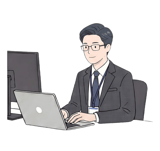 社員証を提げノート PC に向かう SES エンジニアのイラスト